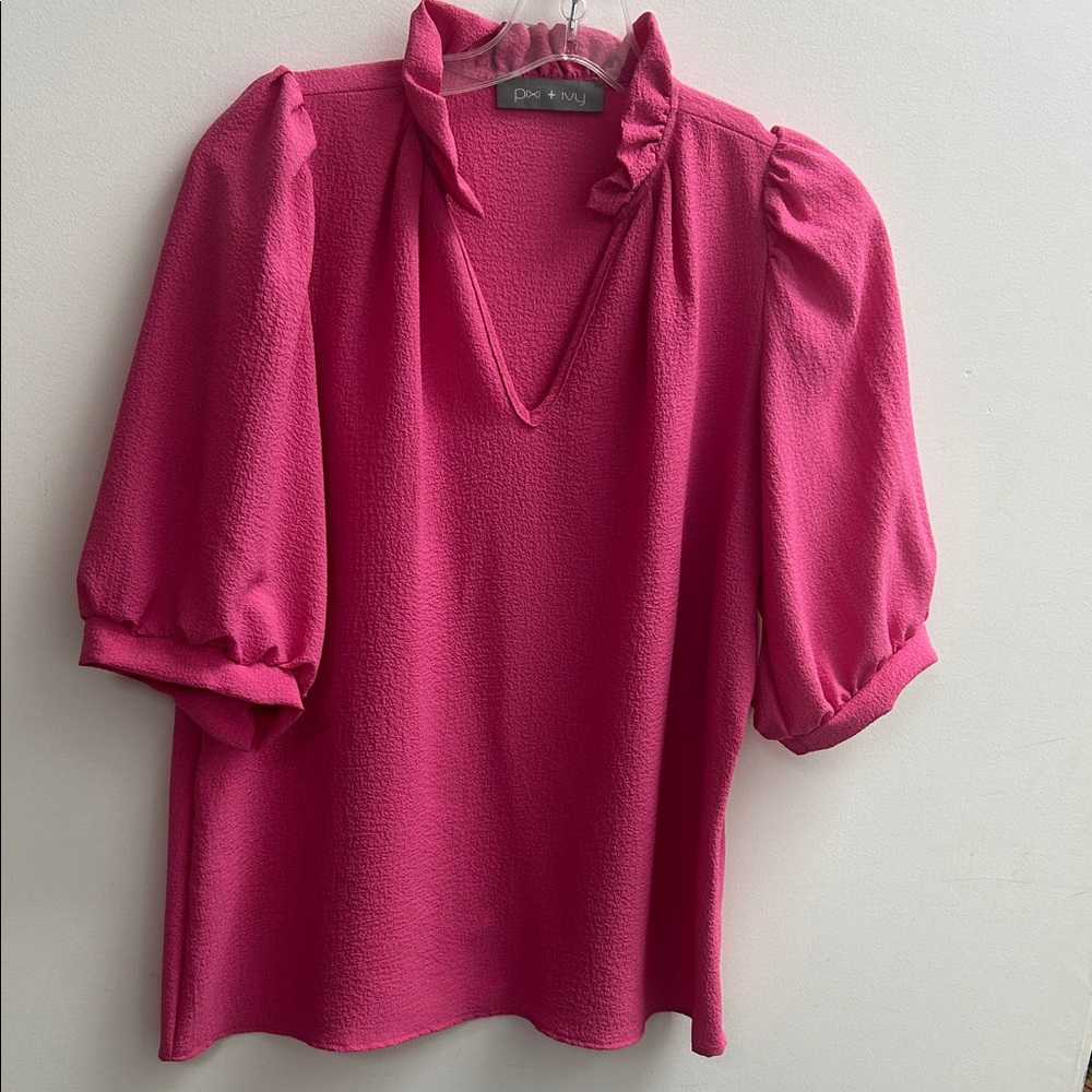 Pixi + Ivy Fuchsia Ruffle V-Neck Blouse